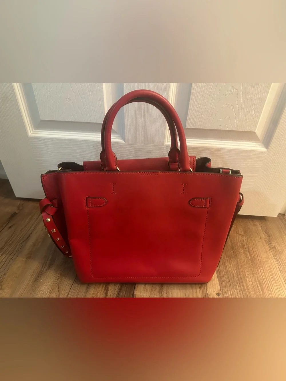 Michael Kors Red Leather Satchel with Gold Chain and Stud Accents